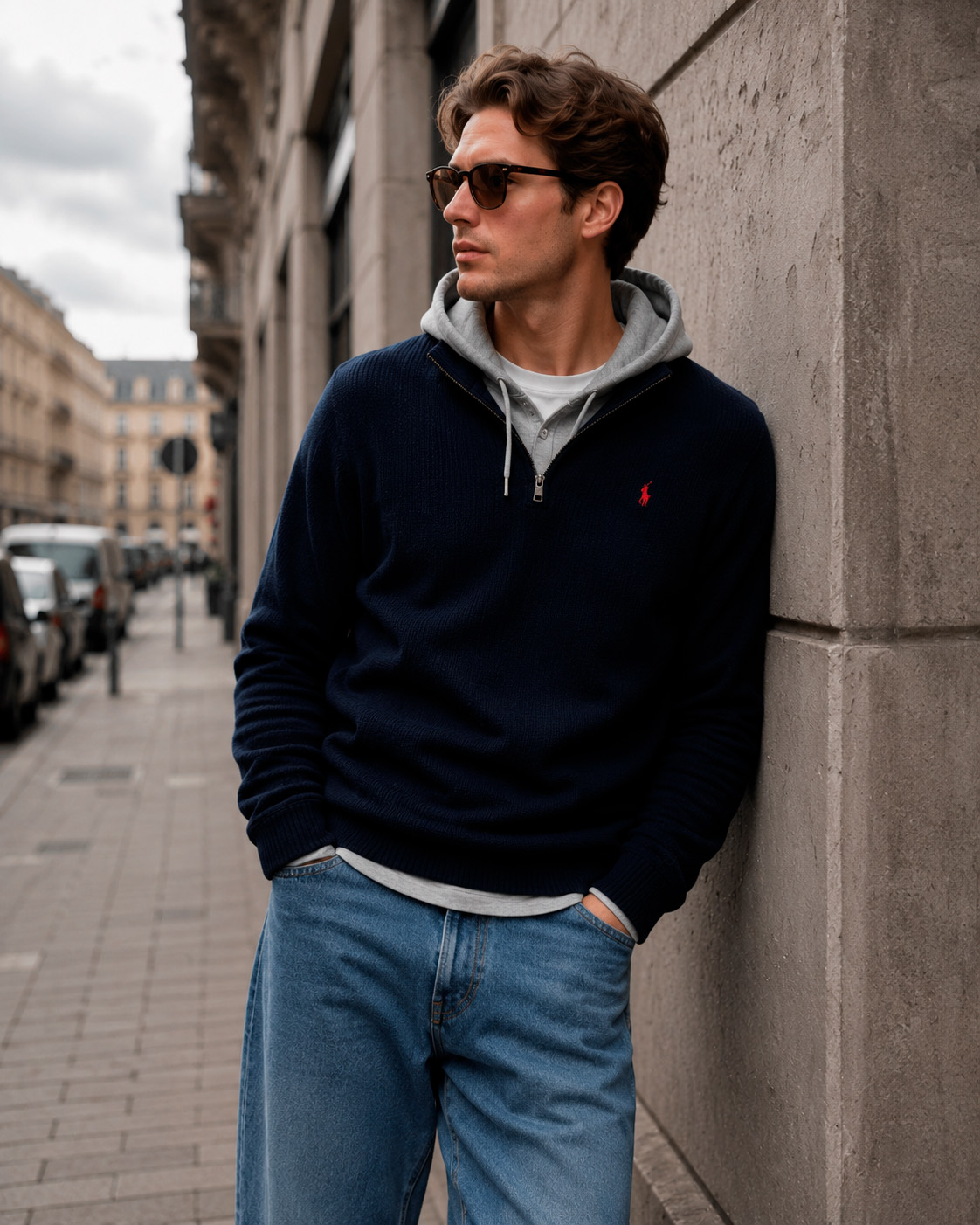 Man wearing a grey hoodie layered under a navy quarter-zip sweater with relaxed denim jeans in a Grisch style outfit.