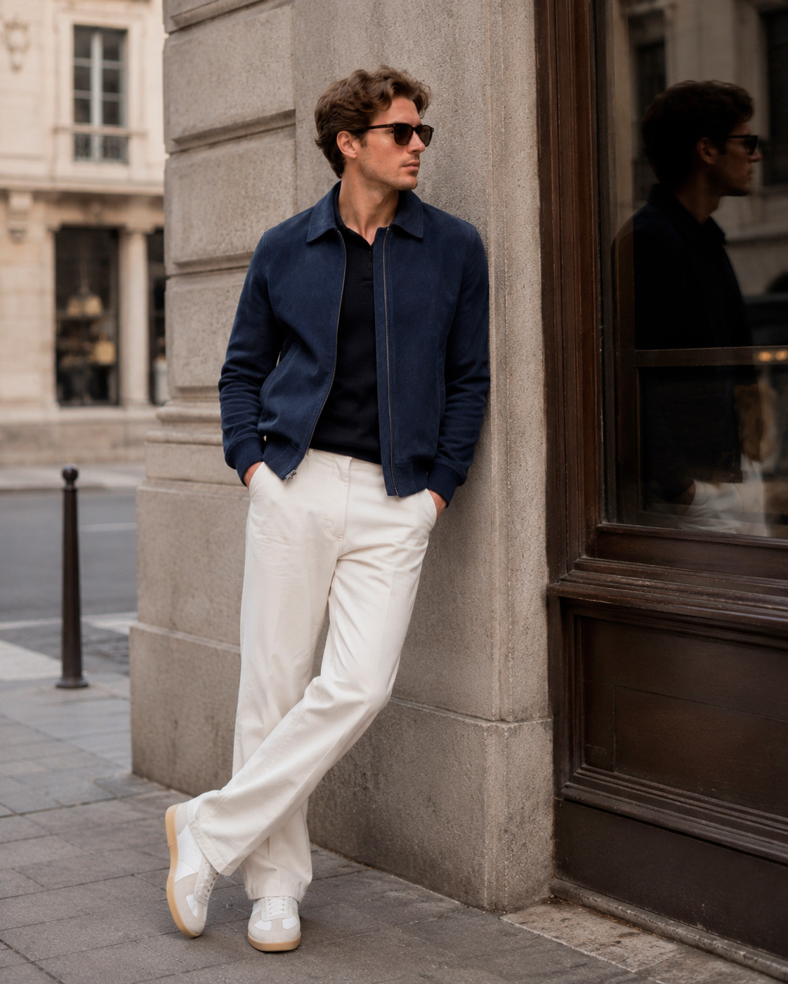 Man wearing a navy suede jacket over a dark knit polo with cream trousers and minimalist sneakers in a Grisch outfit.