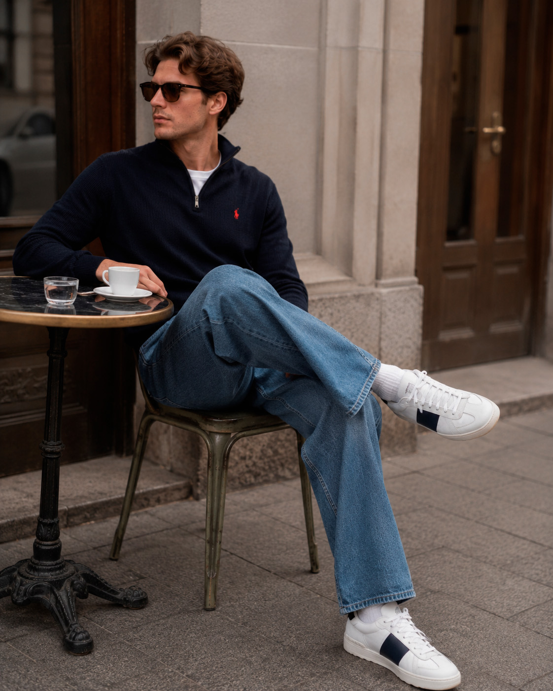 Man sitting at a café wearing straight-leg jeans and premium white sneakers in a relaxed Grisch style look.