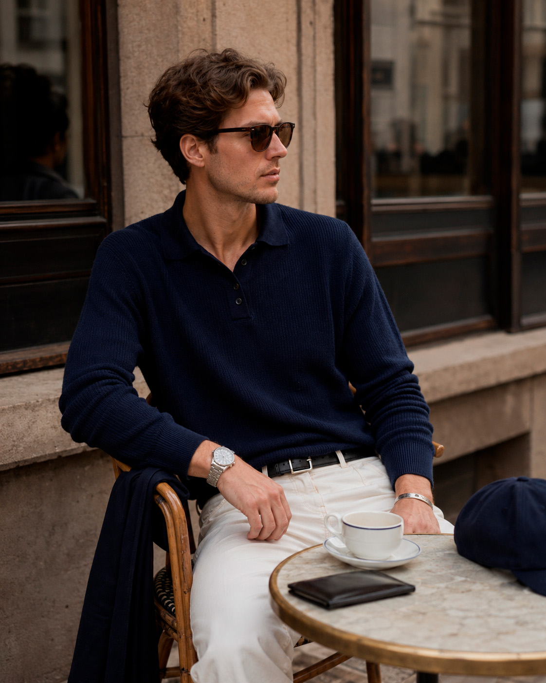 Man wearing a navy knit polo with a watch, bracelet, sunglasses, and leather wallet displayed as subtle Grisch style accessories.