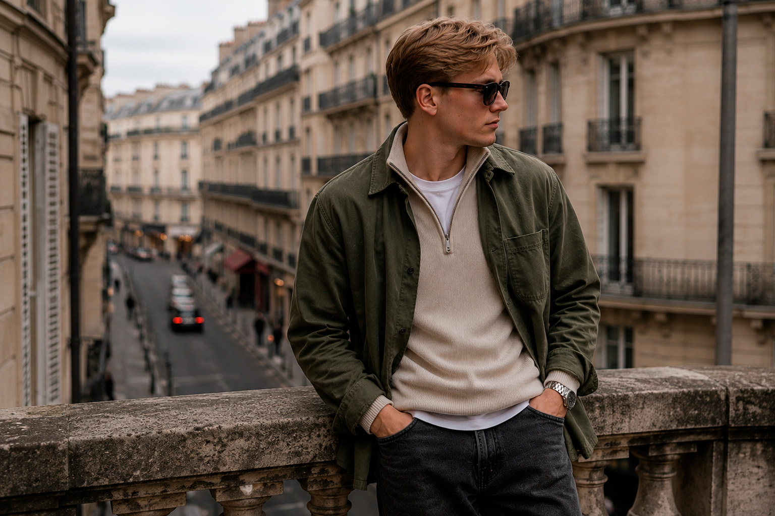 Man in an olive overshirt and cream quarter-zip knit overlooking a Paris street, showcasing a refined Grisch style outfit.
