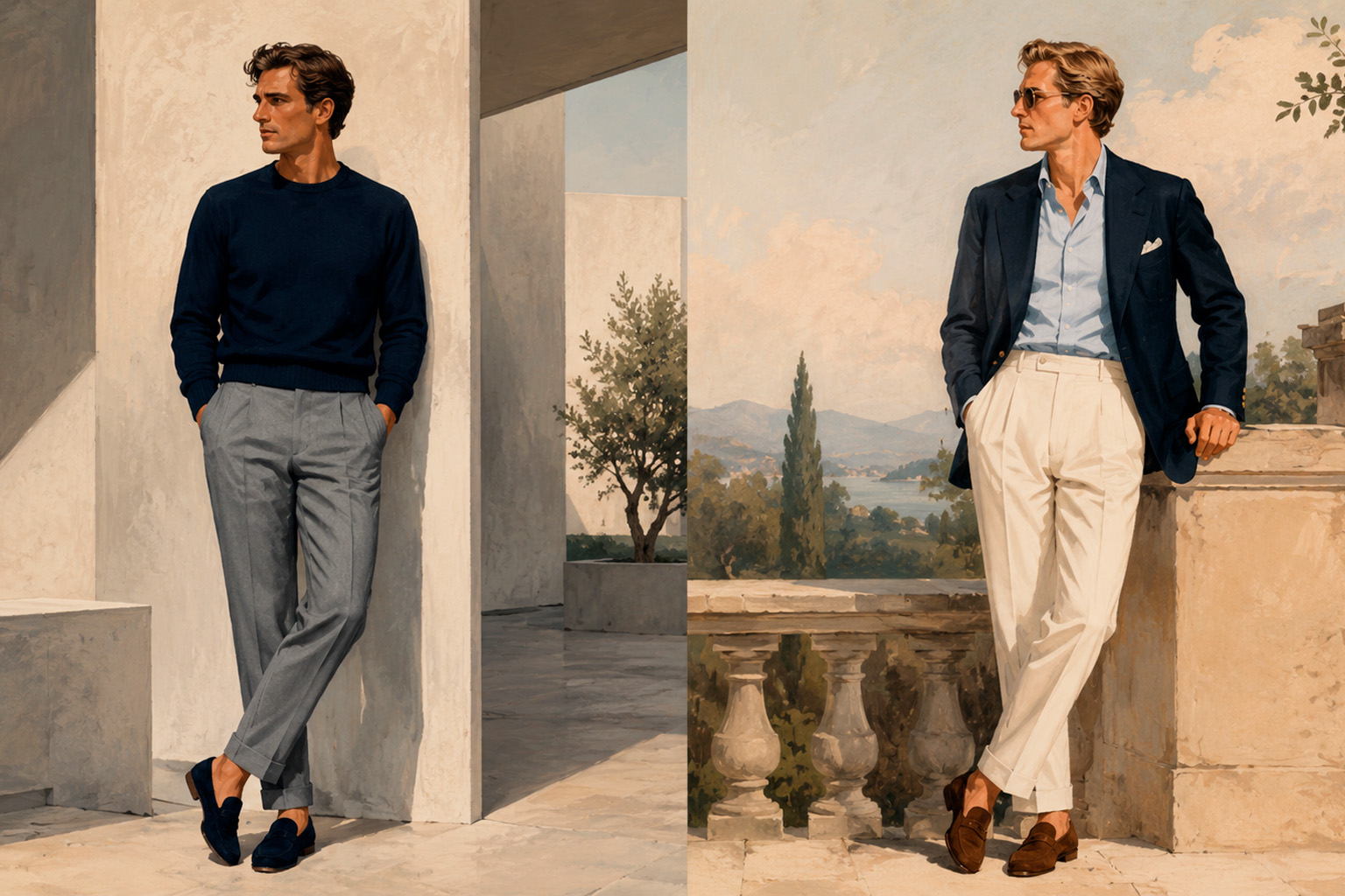 Illustrated comparison of quiet luxury and old money style for men, with a minimal navy knit outfit beside a refined blazer and cream trouser look.