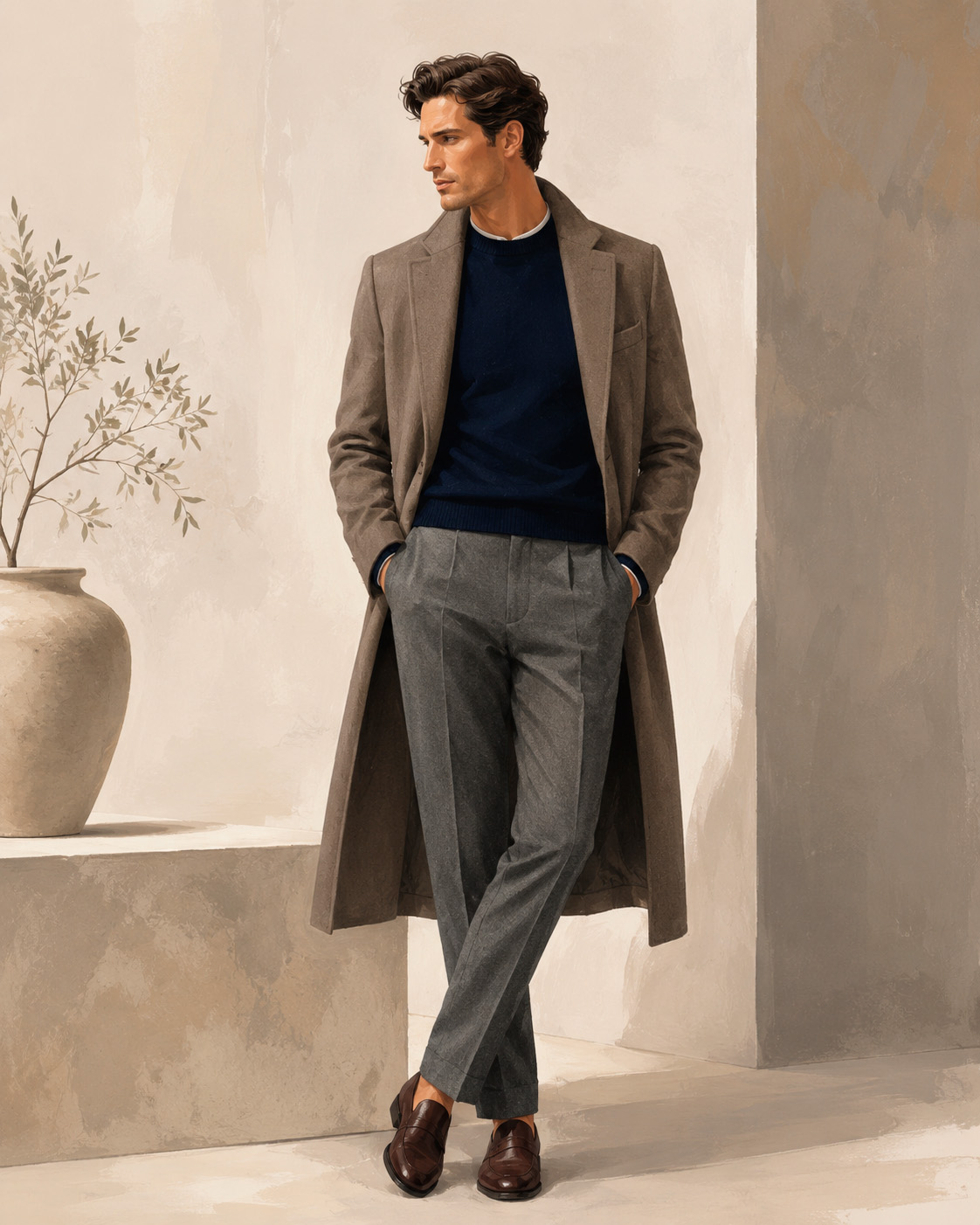 Illustrated quiet luxury outfit for men with a navy sweater, grey tailored trousers, long taupe coat, and brown loafers in a minimal interior.