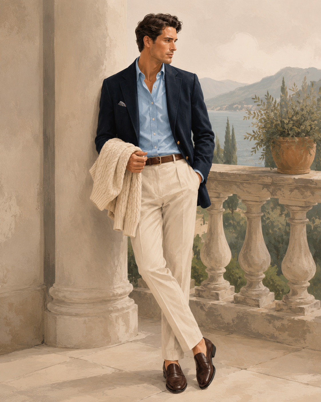 Illustrated old money outfit for men with a navy blazer, blue shirt, cream trousers, brown loafers, and cable-knit sweater on a Mediterranean terrace.