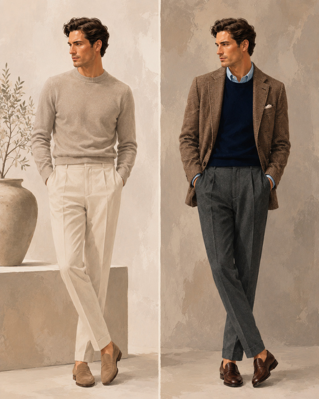 Illustrated comparison of quiet luxury and old money style, showing a minimal cream knit outfit beside a more traditional blazer and loafer outfit.