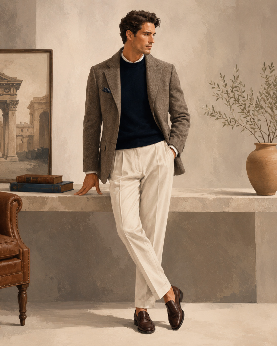 Illustrated old money menswear outfit with a tailored blazer, navy knit, cream trousers, and brown loafers in a refined classic interior.