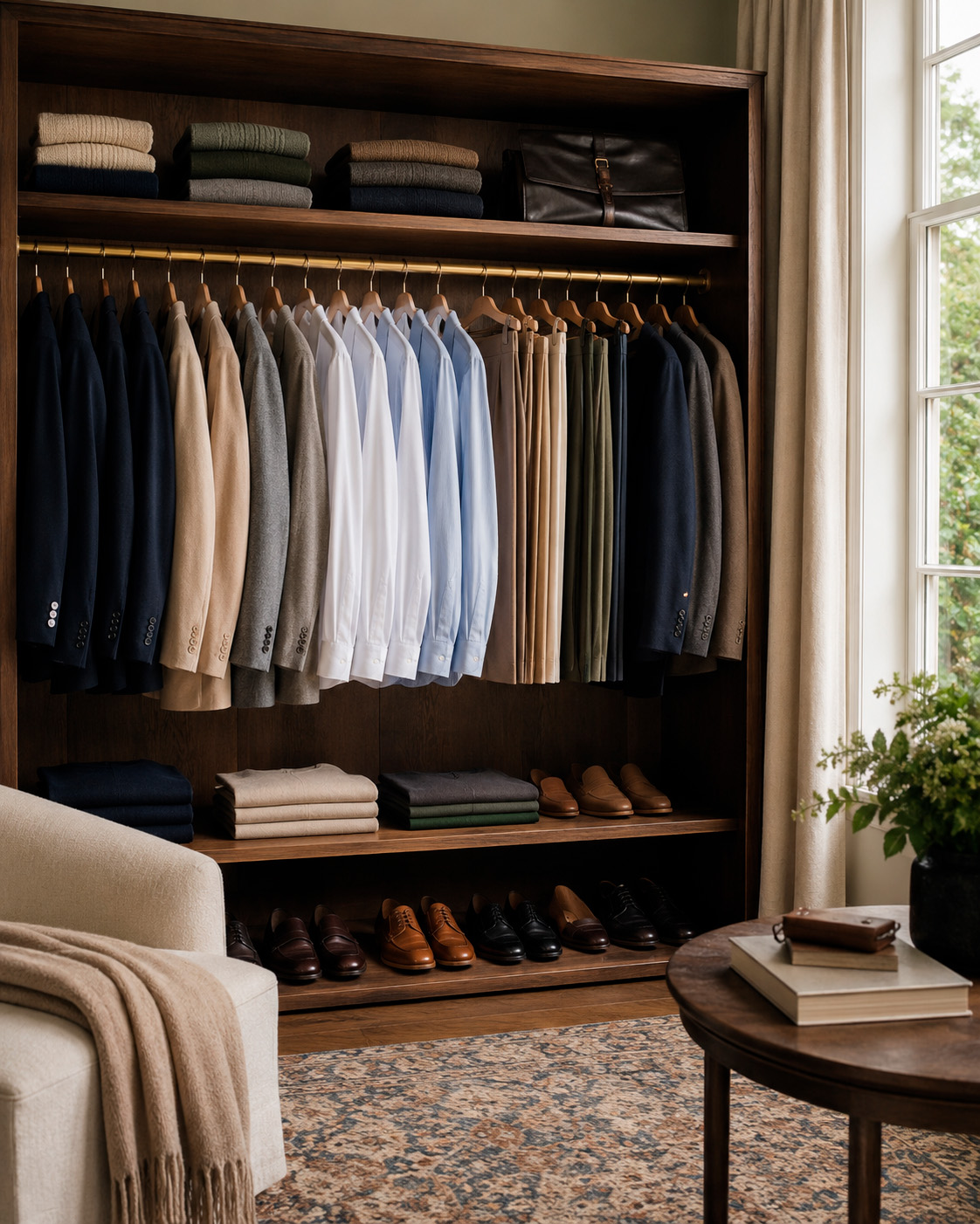 Refined old money wardrobe with neutral shirts, folded knitwear, leather shoes, and a navy sweater draped over an armchair.