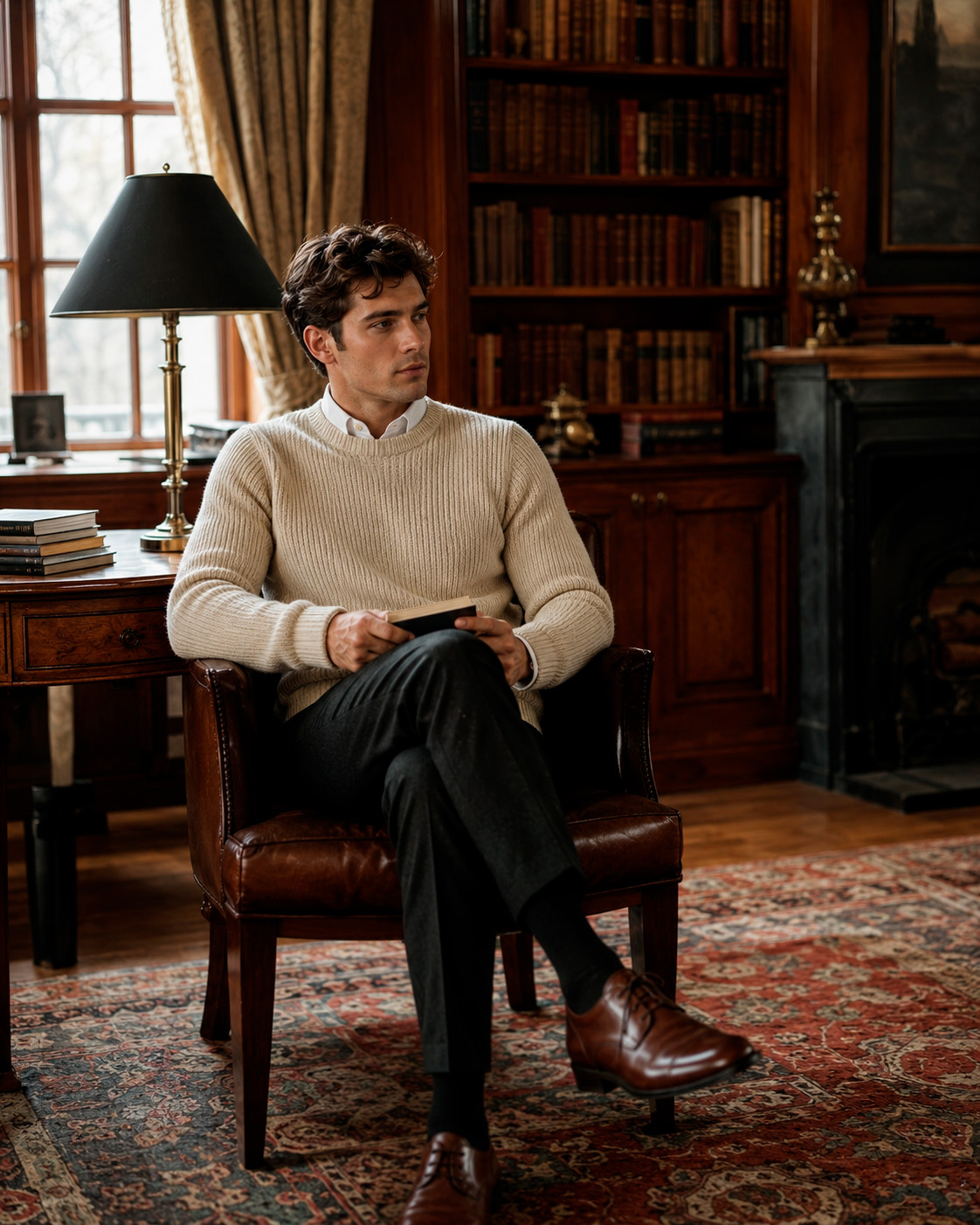 Man in a cream knit sweater and dark trousers seated in a classic library-style interior with old money styling.