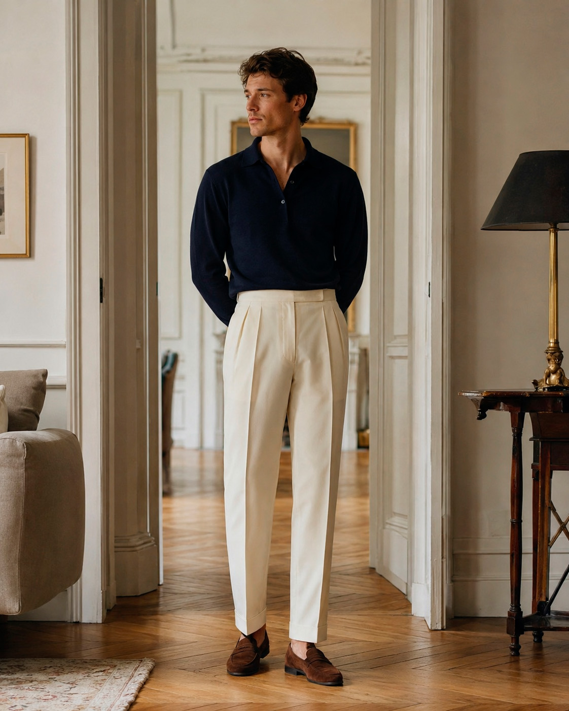 Man wearing a navy sweater, cream trousers, and brown loafers in an elegant old money apartment interior.