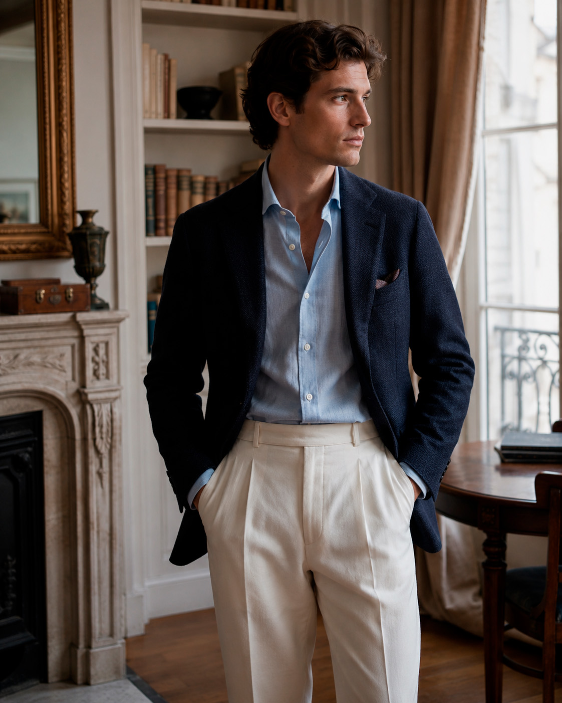 Man in a navy blazer, pale blue shirt, and cream pleated trousers beside a window in a refined old money outfit.