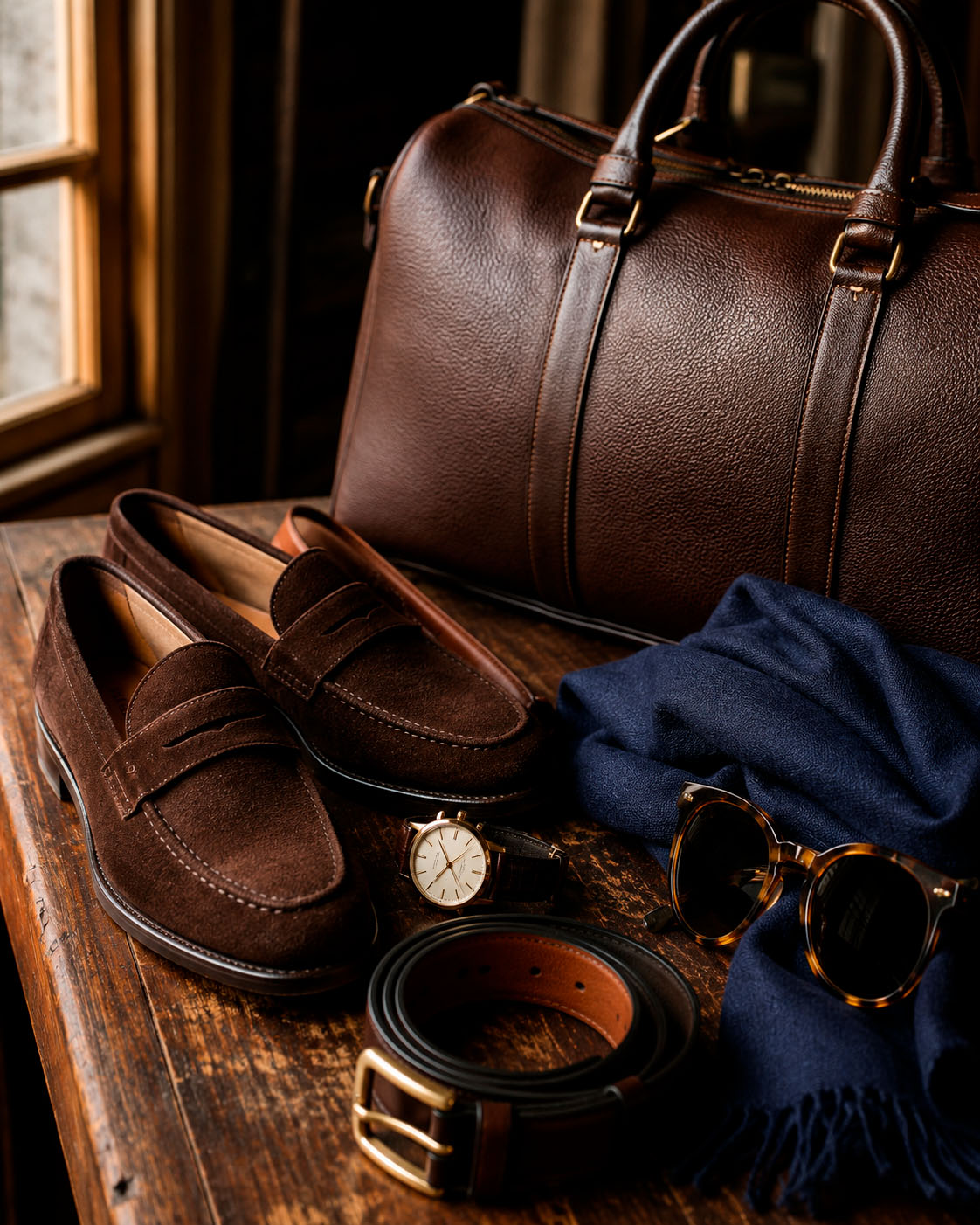 Old money accessories for men with brown suede loafers, leather belt, classic watch, sunglasses, scarf, and leather bag.