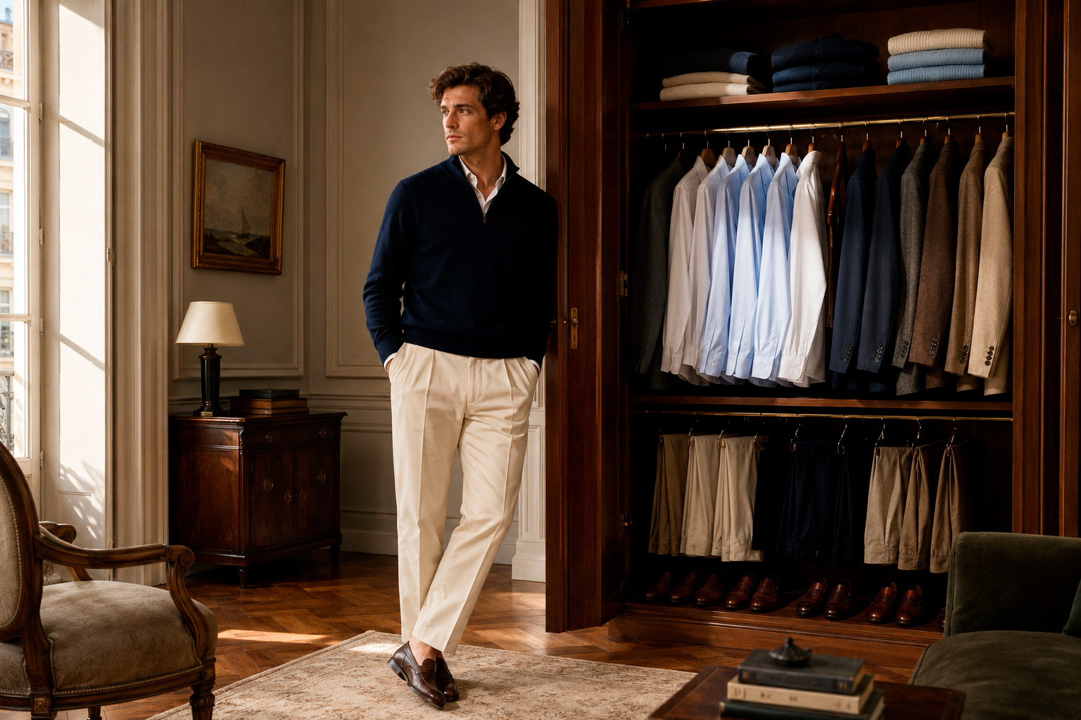 Old money capsule wardrobe for men with navy knitwear, white shirts, tailored jackets, loafers, and folded sweaters in an elegant wardrobe.