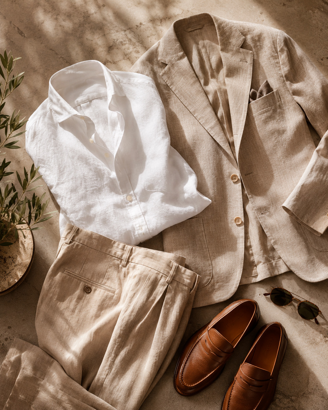 Editorial flat lay of essential men’s linen clothing, including a white linen shirt, beige trousers, linen blazer, brown loafers, and sunglasses.