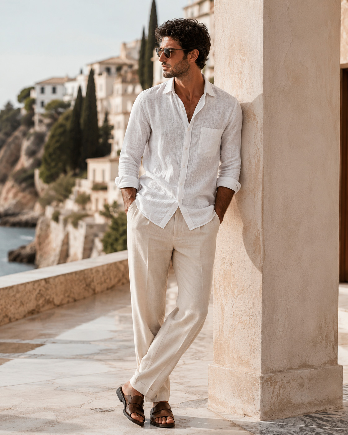 Man wearing a white linen shirt, relaxed linen trousers, and brown leather sandals in a refined Mediterranean summer setting.