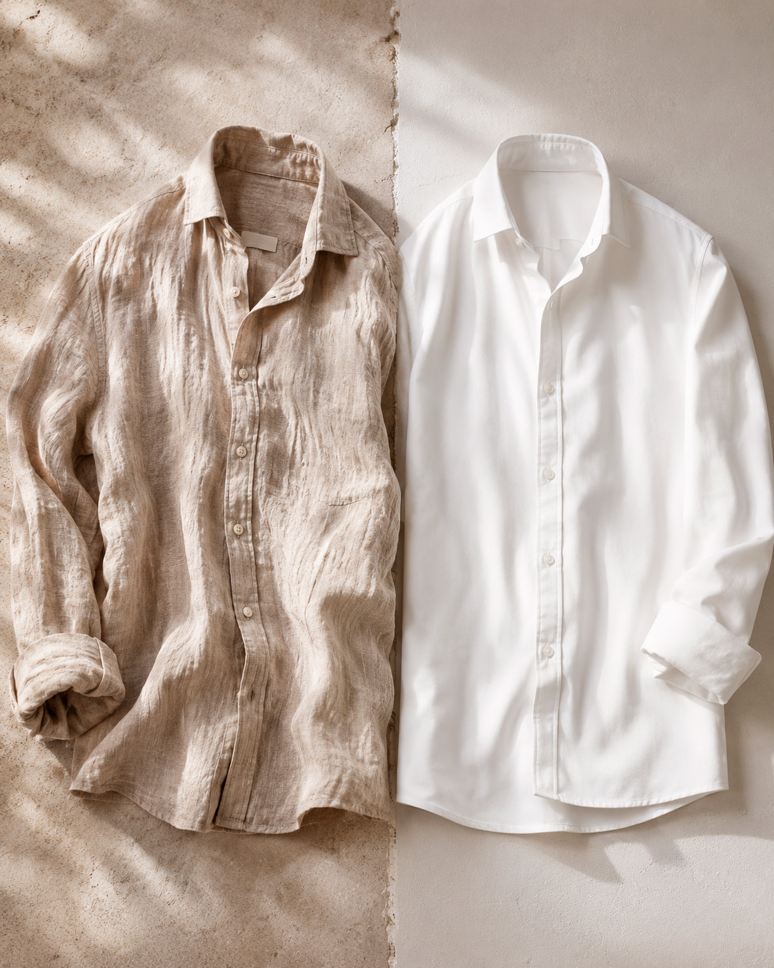 Beige linen shirt beside a smooth white cotton shirt, comparing the natural texture and wrinkling of linen with the cleaner structure of cotton.