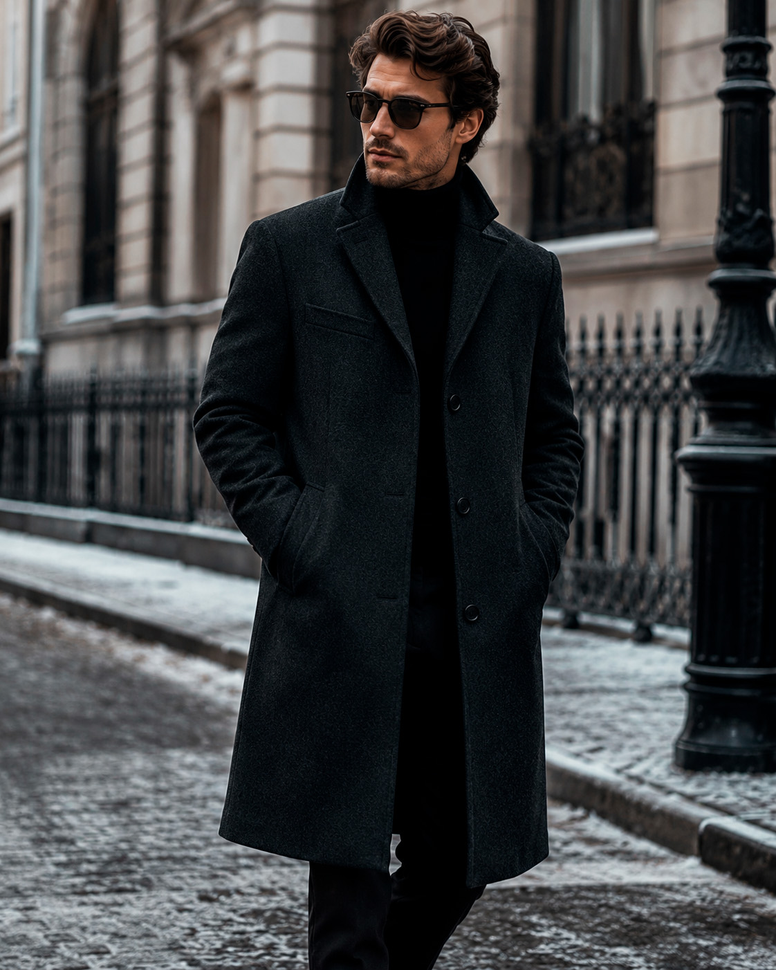 Man wearing a dark charcoal wool overcoat with a black turtleneck and sunglasses in a refined winter outfit.