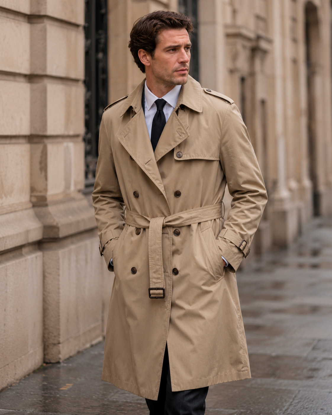 Man wearing a beige trench coat with a white shirt, black tie, and tailored trousers in a classic smart-casual outfit.
