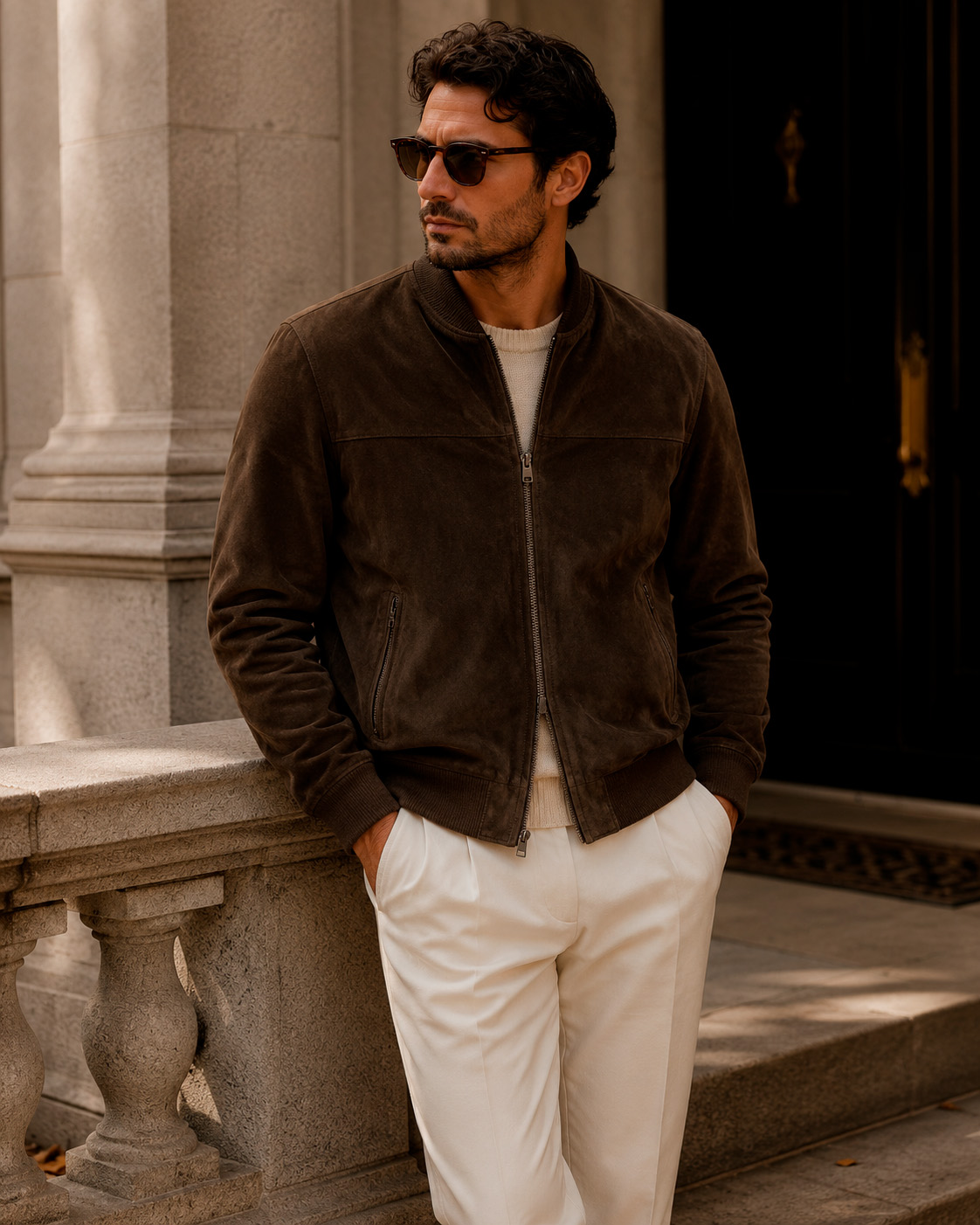 Man wearing a brown suede bomber jacket with a cream sweater and white trousers in a timeless casual outfit.