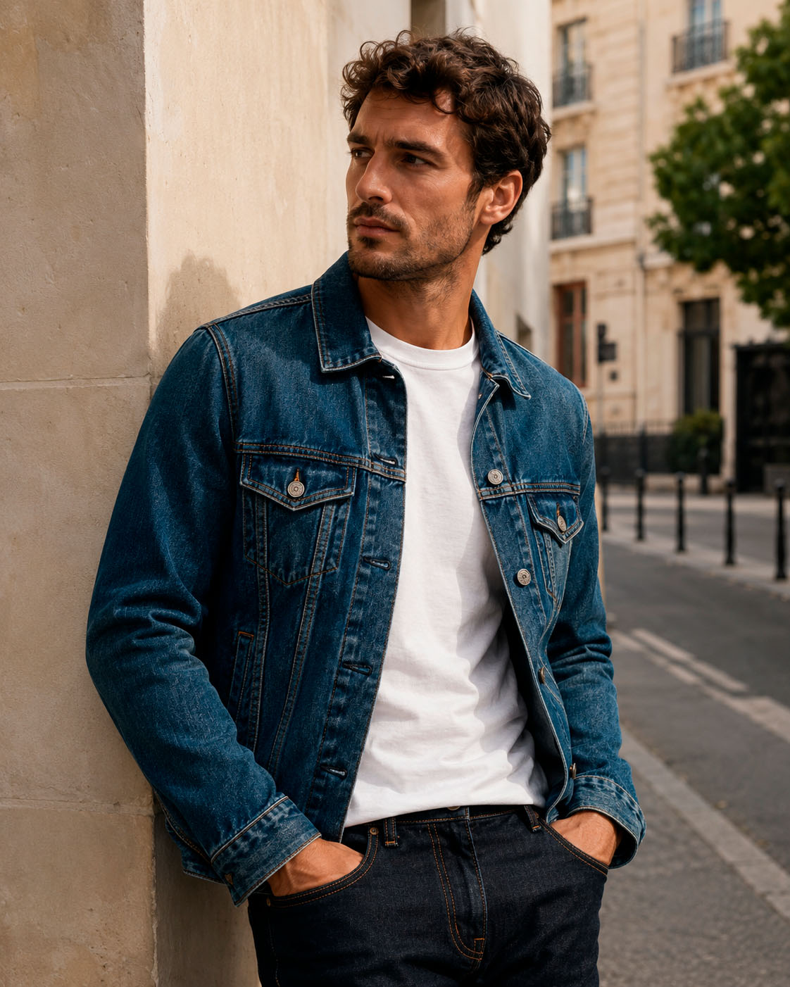 Man wearing a blue denim jacket with a white t-shirt and dark jeans in a classic casual outfit.