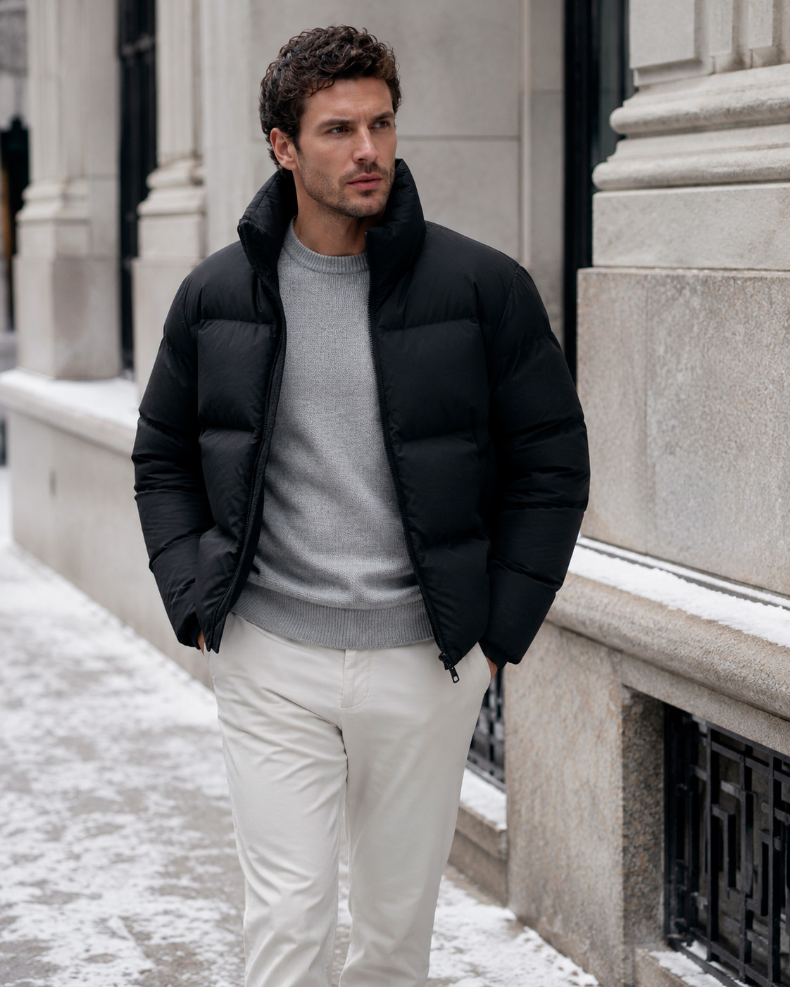 Man wearing a black puffer jacket with a light grey knit sweater and white trousers in a winter outfit.