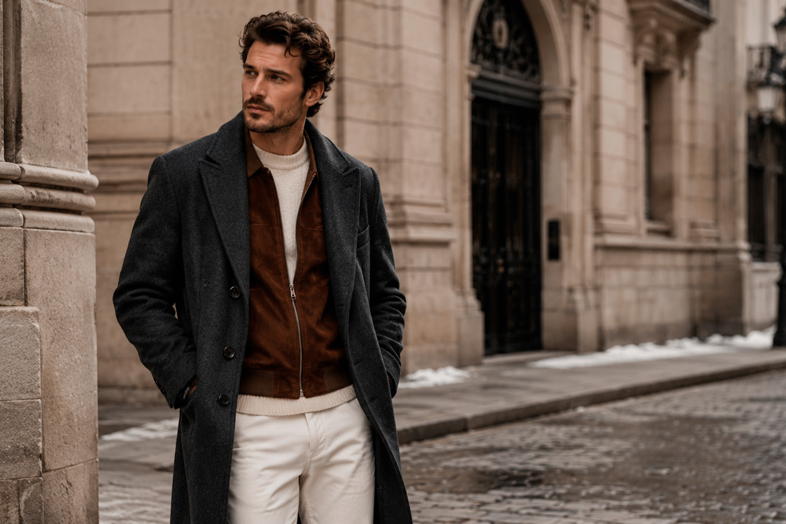 Man wearing a charcoal wool overcoat layered over a brown suede bomber jacket, cream knit sweater, and white trousers.