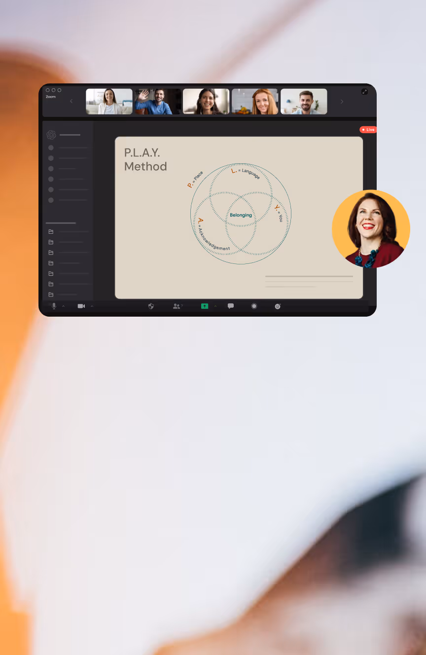 Screenshot of a Zoom video call showing five participants and a screen sharing a presentation on the P.L.A.Y. Method with a Venn diagram illustrating Place, Language, Acknowledgement, and You intersecting around Belonging.