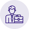 Icône d'un homme d'affaires avec une mallette et un graphique dans un cercle violet.