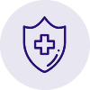 Icône d'un bouclier avec une croix médicale au centre, sur fond violet.