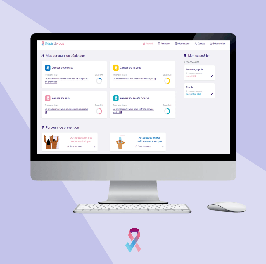 Écran d'ordinateur affichant un tableau de bord de dépistage avec parcours de dépistage du cancer colorectal, de la peau, du sein et du col de l'utérus, ainsi qu'un calendrier de programmations et un parcours de prévention pour autopalpation des seins et des testicules.