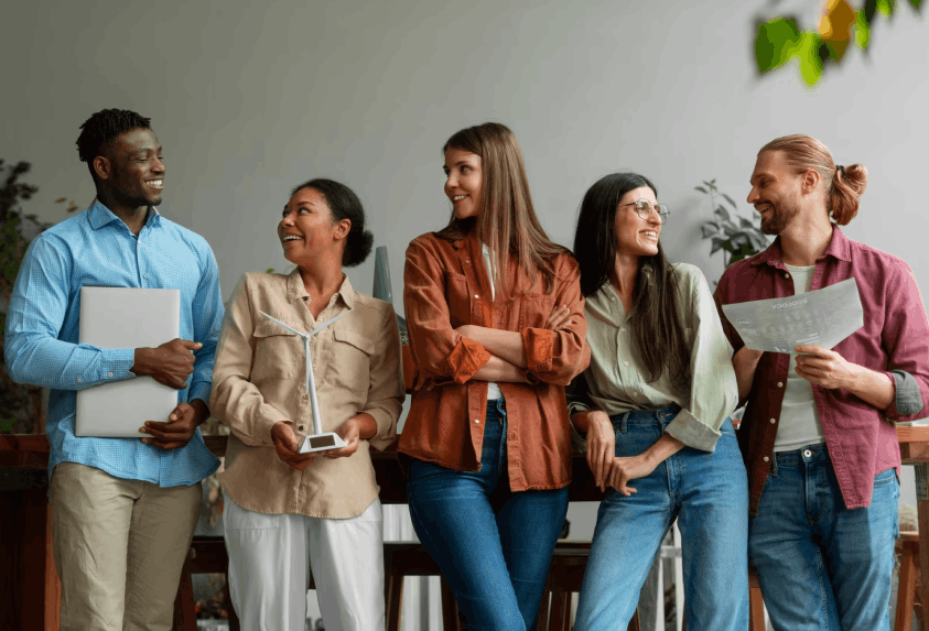 Un groupe de cinq jeunes adultes souriants debout ensemble dans un bureau, une personne tenant un petite éolienne modèle, une autre tenant un ordinateur portable, et une autre lisant un document.