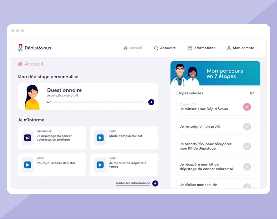 Capture d'écran de la page d'accueil de Dépist&vous montrant un questionnaire personnalisé, des vidéos et infographies sur le dépistage du cancer colorectal, et un parcours en 7 étapes validées.