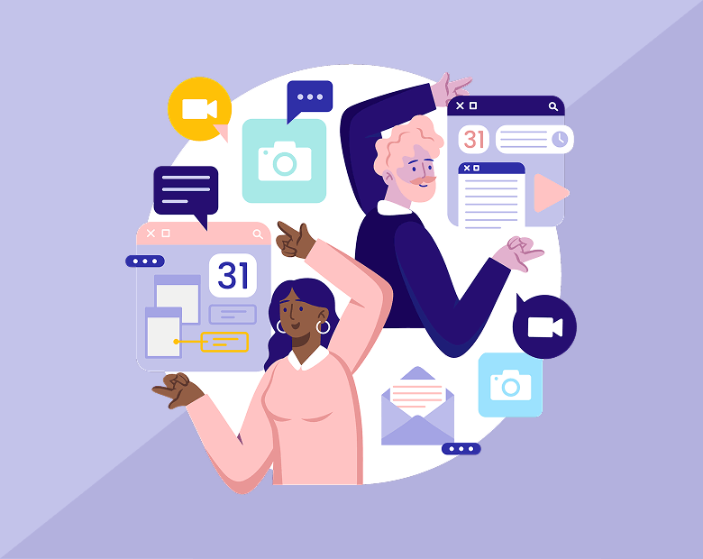 Illustration de deux personnes discutant en ligne avec des icônes de calendrier, caméra, message et vidéo autour d'elles.