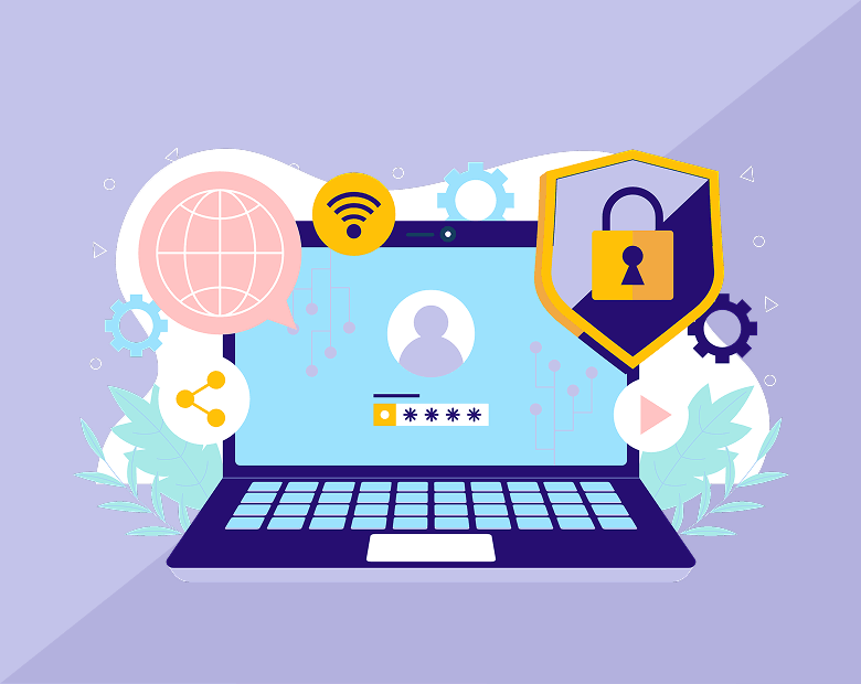 Ordinateur portable affichant une icône de profil, un champ de mot de passe masqué, entouré de symboles de sécurité tels qu'un cadenas, un globe, une icône Wi-Fi et des engrenages.