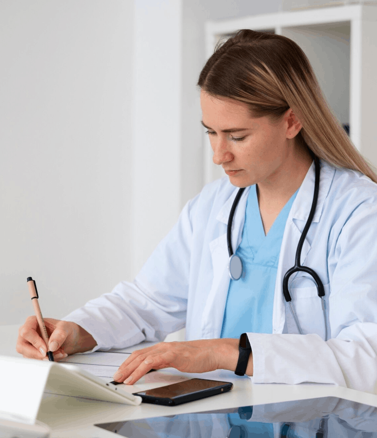 Médecin portant une blouse blanche et un stéthoscope, rédigeant des notes au bureau avec un téléphone posé devant elle.