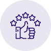 Icône d'une main faisant un pouce levé avec des étoiles autour, symbolisant la satisfaction ou la recommandation.
