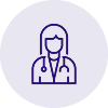 Icône d'une femme médecin avec stéthoscope dans un cercle bleu foncé.