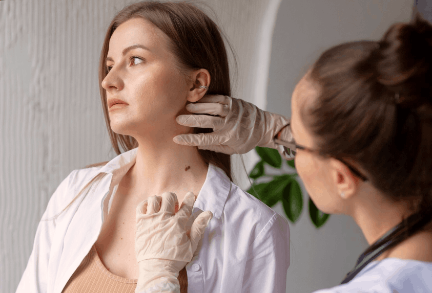 Une professionnelle de santé portant des gants examine la peau au cou d'une femme aux cheveux bruns et chemise blanche.