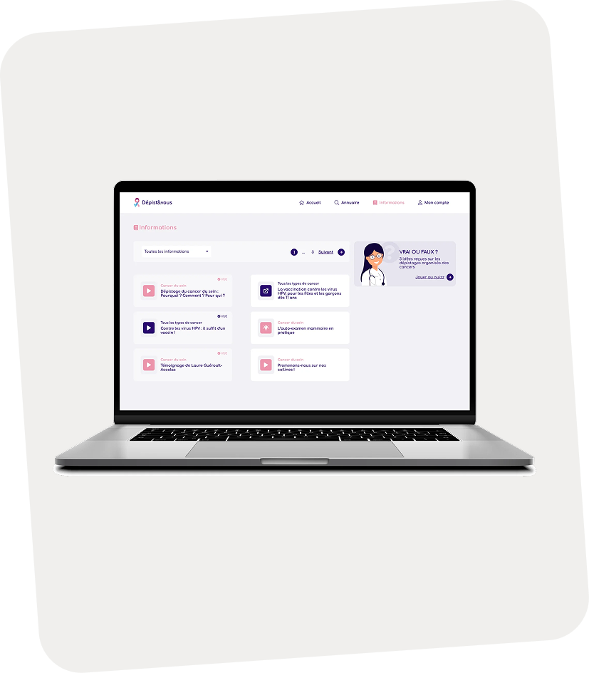 Ordinateur portable affichant une page web d'informations sur le cancer, avec des vidéos et un quiz intitulé « Vrai ou faux ? » sur les dépistages organisés des cancers.