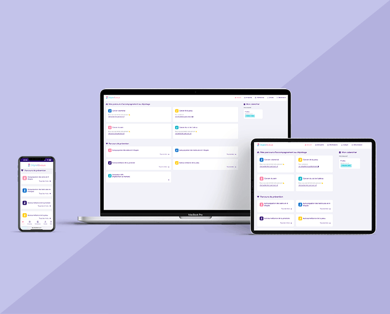 Interfaces d'une application de santé affichées sur un smartphone, un MacBook Pro et une tablette, présentant des parcours d'accompagnement et un calendrier.