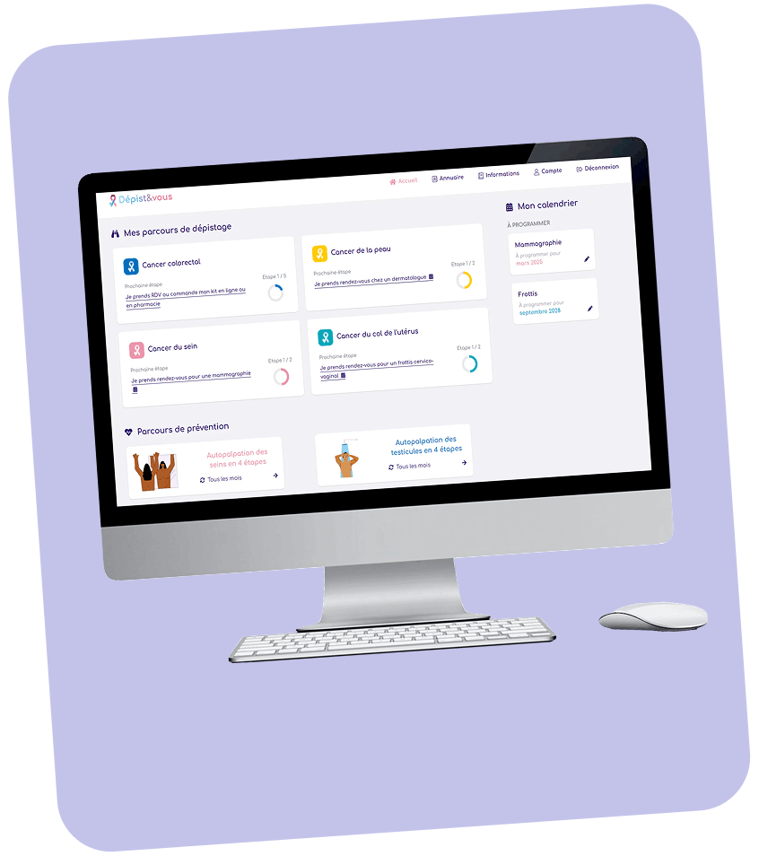 Écran d'ordinateur affichant une plateforme de gestion de dépistage médical avec sections pour cancers colorectaux, peau, sein, col de l'utérus, calendrier et parcours de prévention.