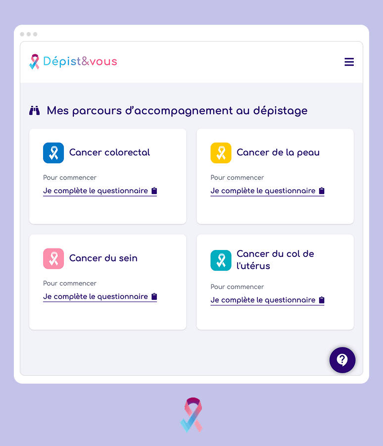 Interface d'application Dépist&vous montrant quatre parcours d'accompagnement au dépistage pour cancer colorectal, cancer de la peau, cancer du sein et cancer du col de l'utérus, chacun avec un lien pour compléter un questionnaire.
