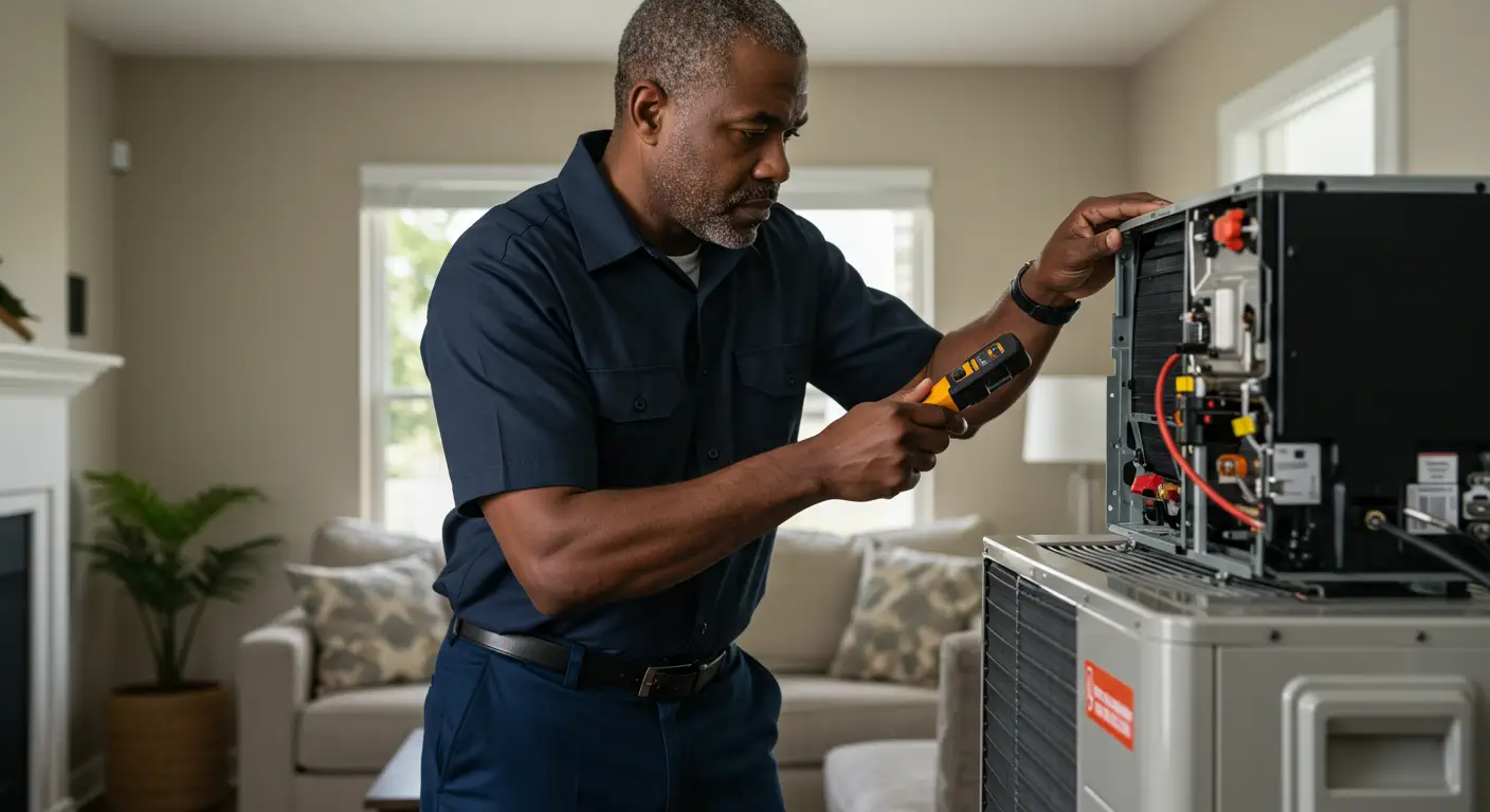 An African-American HVAC technician, wearing a dark blue uniform shirt, is working on the open internal components of an air conditioning unit using a yellow and black tool, likely a digital multimeter or pressure gauge. He is indoors, with a living room visible in the background.