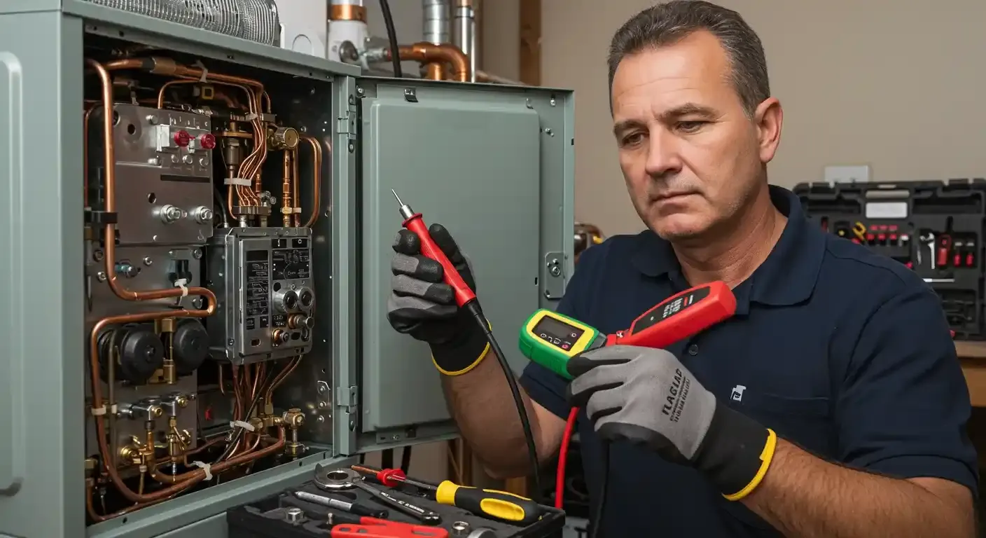A technician in a navy blue shirt and gloves uses two multi-meters to diagnose problems inside an open furnace.