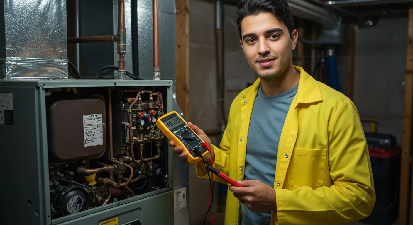 HVAC technician checks system with multimeter.
