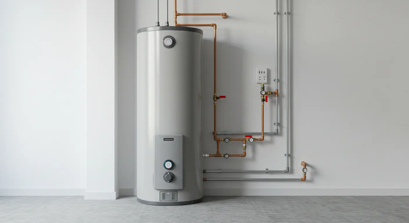 A tall, gray residential water heater stands in a corner against white walls, with exposed copper and PEX-like gray piping running vertically and horizontally on the right side. The water heater has a control panel with knobs and a temperature gauge on the front. Various red valves and brass fittings are installed on the visible plumbing.
