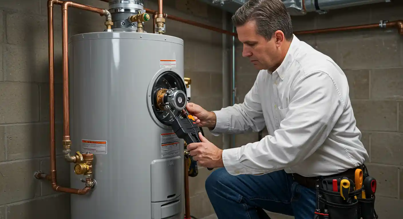 A male technician in a white shirt and tool belt kneels next to a gas water heater. He is actively working on the burner assembly, which is exposed through the front access panel. He holds a large, black diagnostic tool against the metal component while focusing on the task. The background shows a concrete block wall and copper piping.