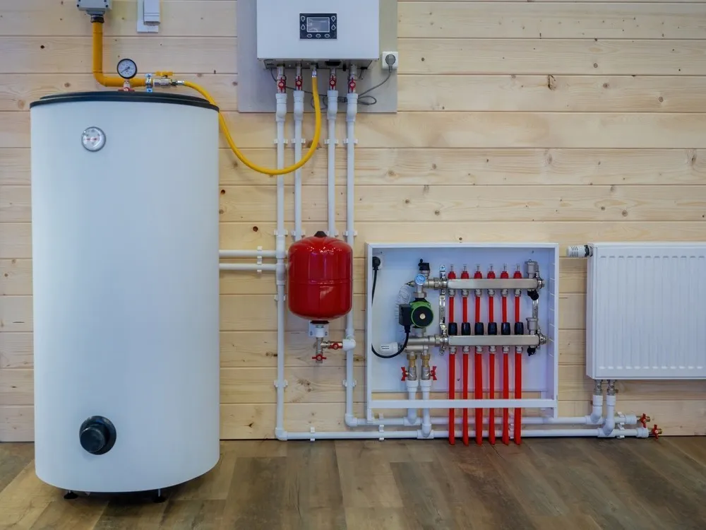 Modern heating system with boiler and pipes.
