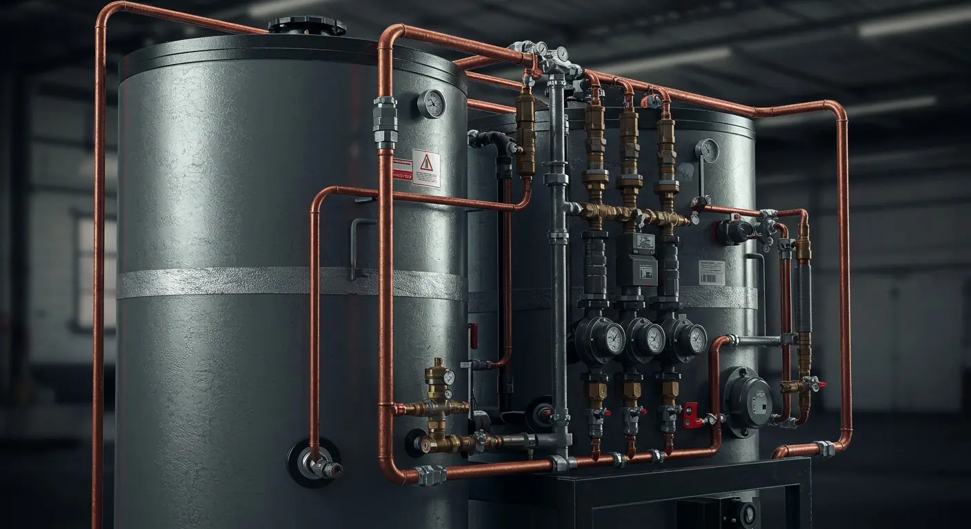 A detailed, close-up digital rendering shows two large, dark-grey commercial water tanks connected by a complex network of copper piping, brass valves, gauges, and manifolds. The system is mounted on a black frame. Warning labels are visible on the side of one tank, highlighting the complexity of the plumbing infrastructure.