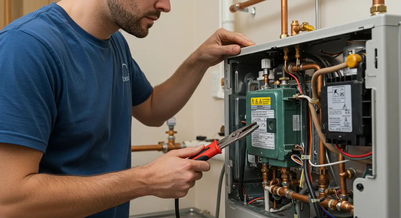 A maintenance worker adjusts wiring and components inside a water heater unit with pliers, checking connections and safety labels