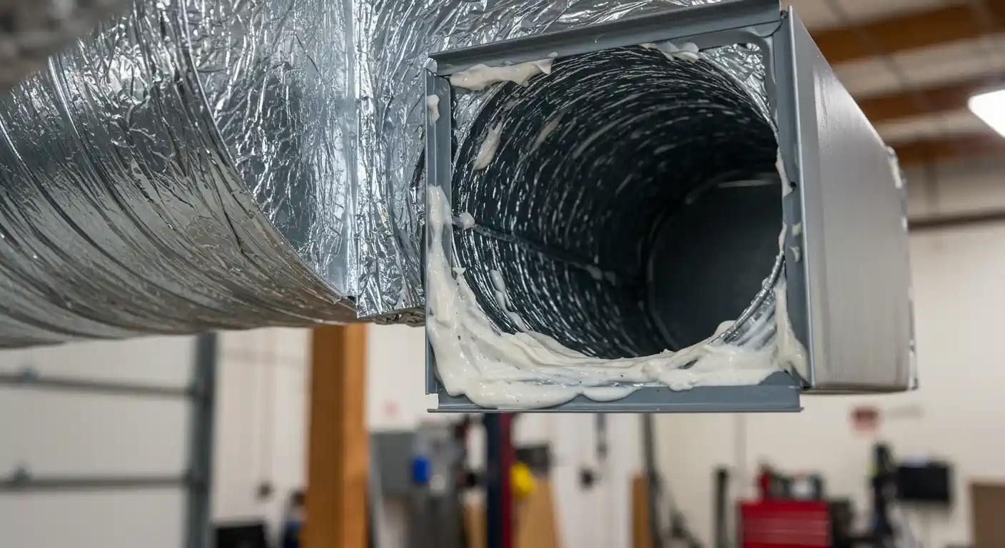 A close-up view shows a thick, white caulk or sealant applied heavily around the internal circumference where a cylindrical flexible insulated air duct connects to a rectangular galvanized metal fitting, sealing the joint.
